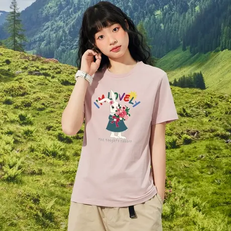 真维斯Z+女装 圆领合身显瘦上衣少女心兔子印花打底短袖T恤X图片