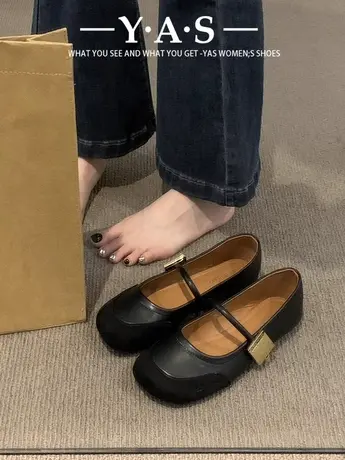 法式黑色玛丽珍鞋2024年春秋新款配裙子单鞋浅口一字带平底女鞋子商品大图