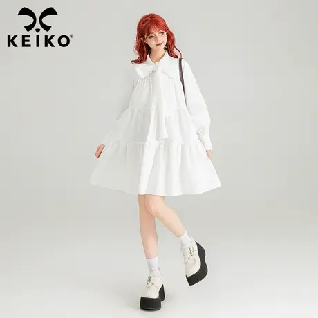 KEIKO蕾丝花边饰白色连衣裙2024春夏温柔蝴蝶结系带A字初恋小白裙商品大图