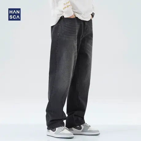 hansca黑灰色牛仔裤2022新款男秋冬宽松复古阔腿美式休闲直筒长裤商品大图