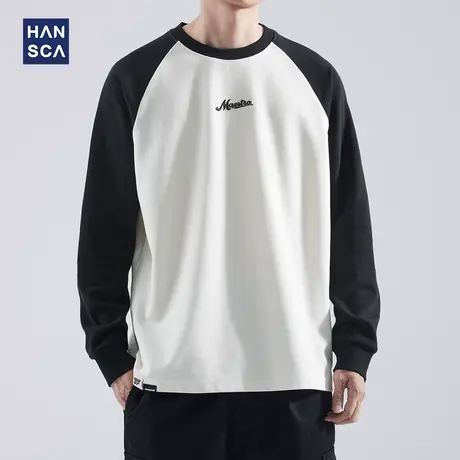 hansca 休闲长袖t恤男春秋季潮牌复古美式撞色宽松圆领插肩袖上衣商品大图