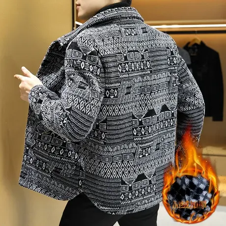 2024秋冬新款男士加绒加厚短款夹克潮流花外套个性男装冬装上衣服图片