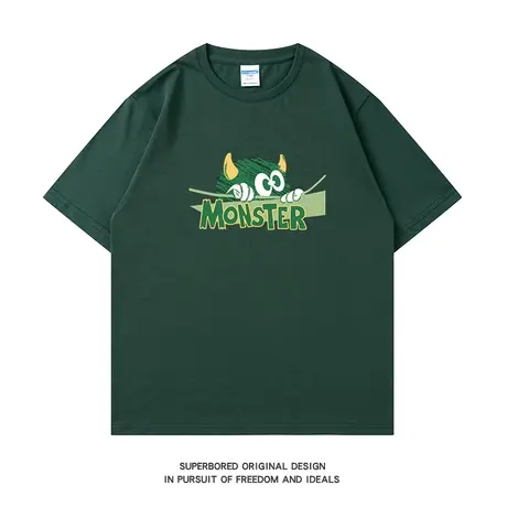 夏季ins趣味绿色卡通小怪兽短袖T恤男青少年学生宽松休闲半袖体恤图片