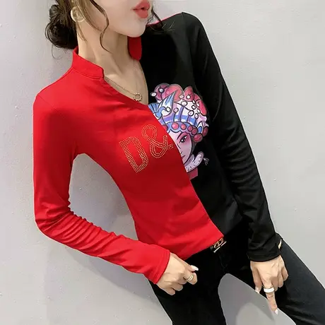 欧货女装新款时尚撞色T恤女长袖设计感洋气上衣修身百搭打底衫潮商品大图