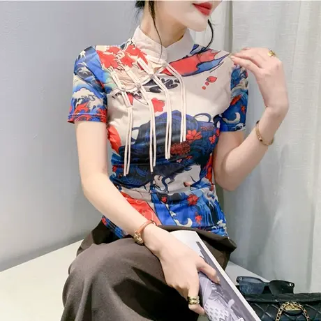 新中式国风复古高级感上衣女短袖时尚立领盘扣网纱T恤印花打底衫商品大图