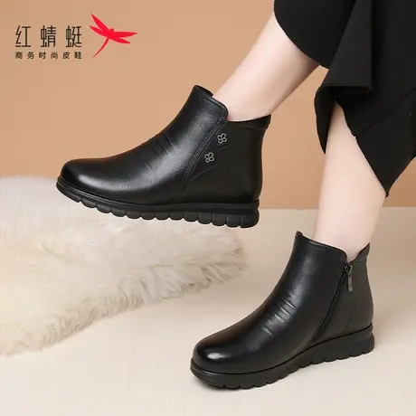 红蜻蜓冬季平底靴子女2023新款短靴棉靴真皮加绒保暖妈妈棉鞋皮靴商品大图