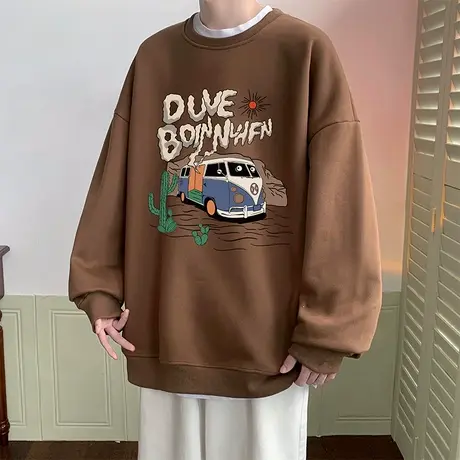 圆领秋冬季卫衣男潮ins港风卡通印花宽松潮牌休闲无帽套头上衣服图片