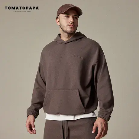 TOMATOPAPA秋冬新款连帽卫衣男宽松落肩华夫格潮牌刺绣休闲套装商品大图