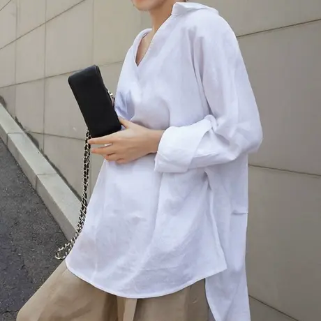 新长袖棉麻V领套头衬衫女中长款韩版宽松大码不规则休闲亚麻衬衣商品大图