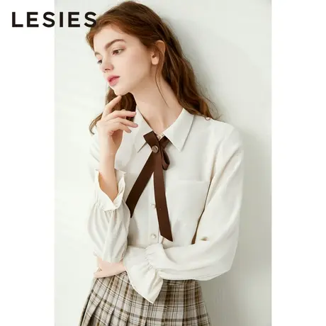LESIES蓝色倾情春秋新款优雅翻领织带装饰单排扣学院风衬衫上衣图片