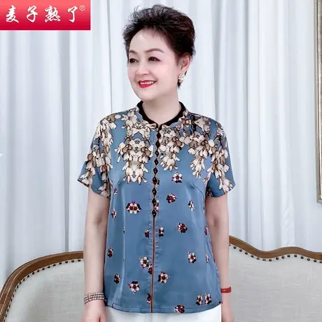 妈妈夏装短袖衬衫中年妇女印花T恤开衫阔太太雪纺中老年洋气上衣商品大图