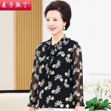 妈妈春装新款长袖T恤洋气阔太太雪纺上衣夏老人打底衫中老年女装商品大图
