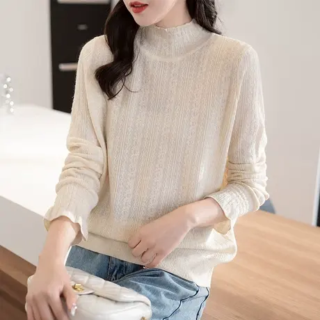 秋季上衣女新款2023韩版纯色半高领弹力针织打底衫女秋装内搭薄款商品大图