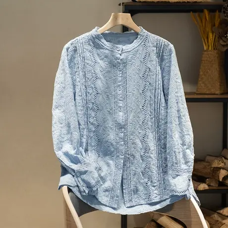 享永子刺绣全棉衬衫女文艺复古宽松显瘦百搭上衣圆领2023春夏新款商品大图