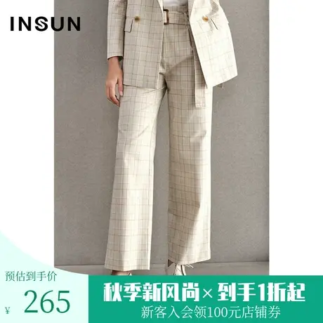 恩裳商场同款春季经典棉质格纹休闲宽松直筒阔腿裤系带高腰西裤女图片