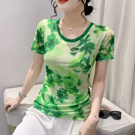 气质印花短袖T恤女时尚圆领小衫减龄别致网纱上衣修身显瘦体恤潮商品大图