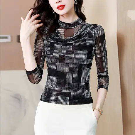 今年新款2023秋装大码时尚修身打底衫女网纱T恤内搭长袖气质小衫图片