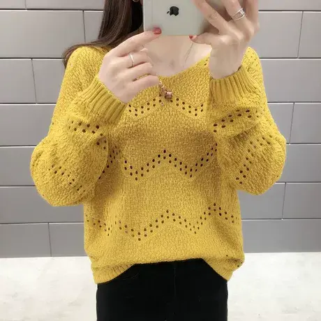 V领薄款洋气毛衣女2022新款女装秋季镂空亮丝针织衫百搭套头上衣商品大图