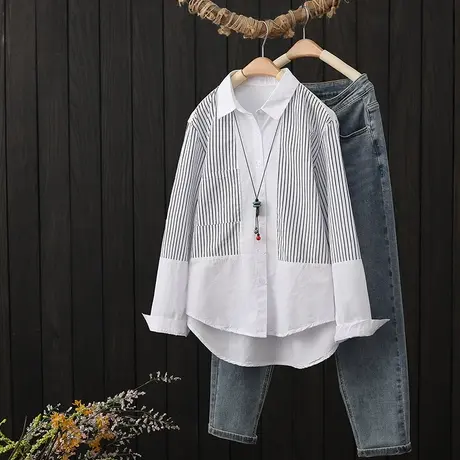 拼接条纹衬衫女春季2023新款长袖上衣设计感小众内搭叠穿打底衬衣图片