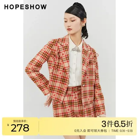 红袖outlets格纹提花翻领外套hopeshow2022冬季款单排扣翻领夹克商品大图