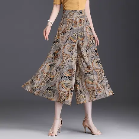 夏季宽松印花裙裤阔腿裤女2023新款高腰垂感遮肉裤裙休闲九分裤子商品大图