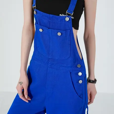 克莱因蓝牛仔背带裤女夏季薄款小个子阔腿裤夏学生时尚女装直筒裤图片