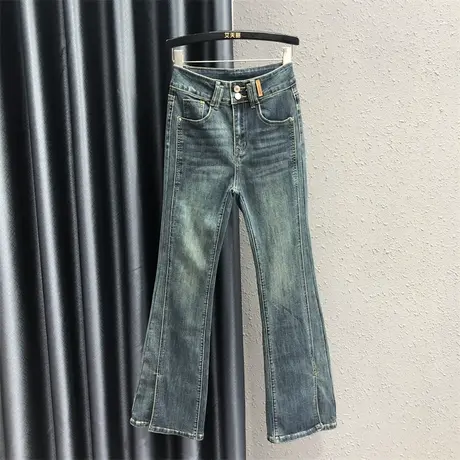 怀旧复古裤脚开叉设计感牛仔微喇裤女2023秋季新款高腰显瘦喇叭裤图片