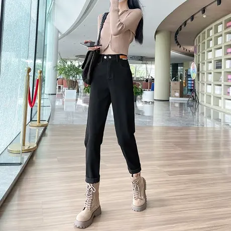 黑色哈伦牛仔裤女2023年秋冬新款高腰直筒宽松显瘦百搭萝卜老爹裤图片