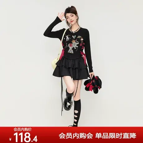 KEIKO 奇幻马戏团系列长袖t恤女23早秋美式复古绑带显瘦短款上衣图片