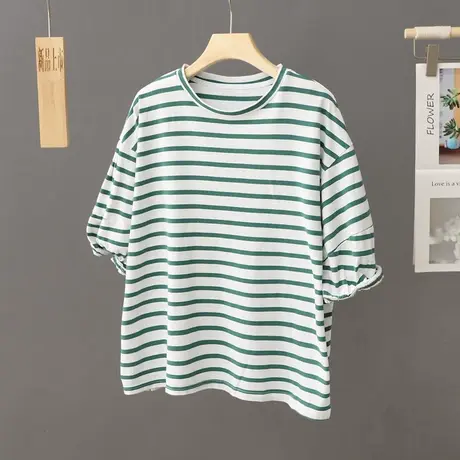 小众条纹T恤女装短袖宽松夏季2023新款圆领套头上衣休闲体恤小衫图片