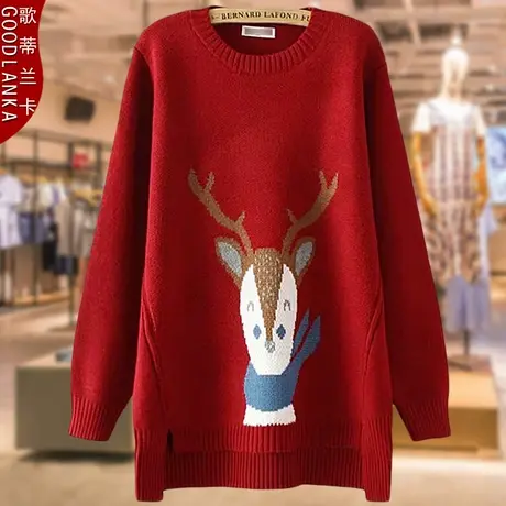 加肥加大码女装中年40岁妈妈春装新款时尚洋气宽松中长款印花毛衣商品大图