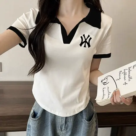 正肩短款polo领t恤女装夏季修身小个子辣妹绝美运动v领上衣高级感图片