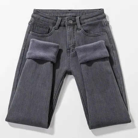 烟灰色加绒牛仔裤女小脚铅笔裤韩版高腰冬季保暖加厚弹力紧身长裤商品大图