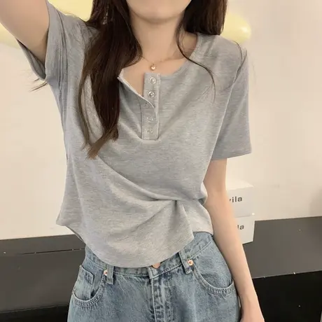 正肩设计感小众短袖t恤女2023新款夏季薄款修身显瘦短款上衣体恤商品大图
