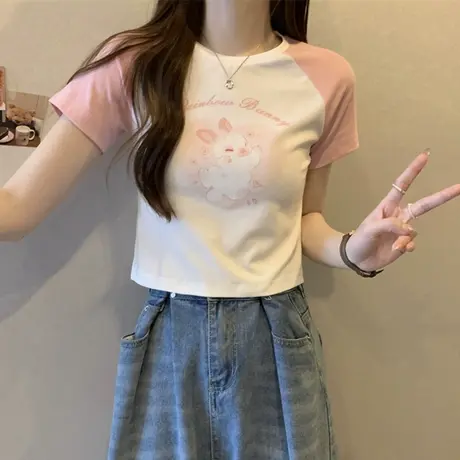 设计感甜辣妹短袖t恤女夏季新款ins修身正肩上衣短款洋气减龄体恤商品大图