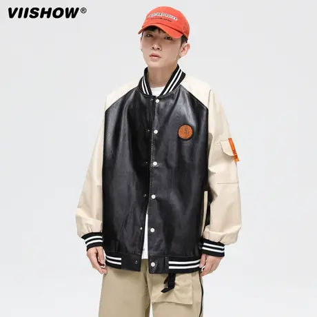 VIISHOW棒球服男春秋宽松夹克拼接美式学生飞行员皮衣外套男装商品大图