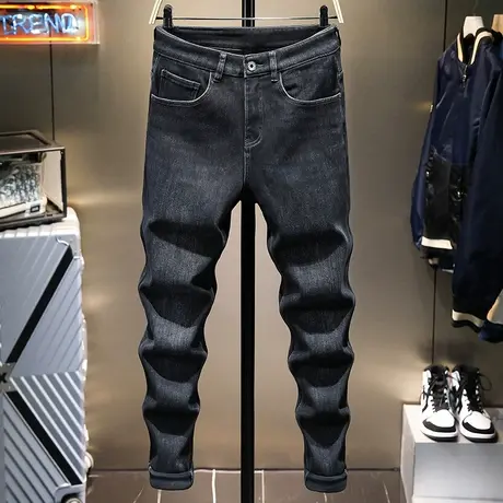 2021新款冬季加绒加厚黑色牛仔裤男直筒修身休闲弹力潮牌高端长裤图片