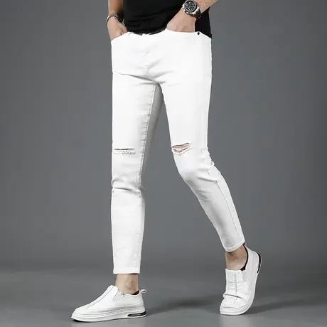 白色破洞九分牛仔裤男夏季薄款2023新款修身小脚潮流男士裤子9分商品大图