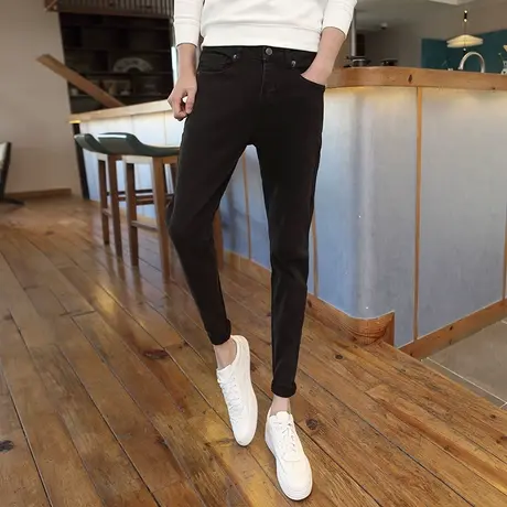 2023春夏新款纯黑牛仔裤修身大黑牛小脚裤潮牌个性口袋刮烂铅笔裤图片