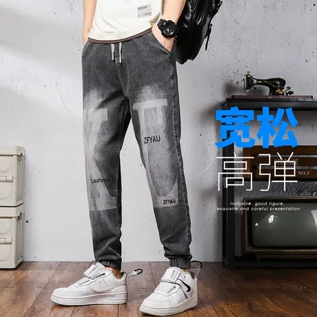 夏季薄款潮牌痞帅气系带印花牛仔裤男生九分休闲学生青少年男裤子商品大图