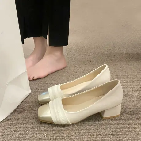 永希法式玛丽珍鞋女2023新款粗跟一脚蹬单鞋小香风拼色浅口高跟鞋图片