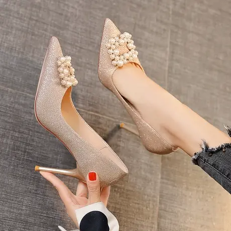 高跟鞋女春季2023年新款设计感小众法式气质珍珠水钻名媛细跟单鞋商品大图