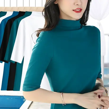 蓝色小高领打底t恤五分袖修身春季新款女装内搭螺纹棉质弹力上衣图片