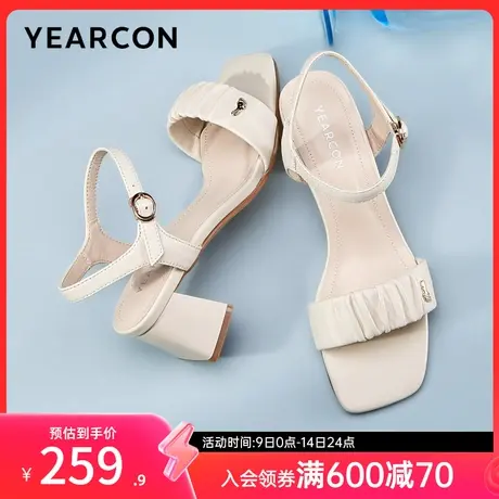 意尔康女鞋夏季通勤气质粗跟凉鞋外穿一字式扣带高跟配裙子仙女风图片