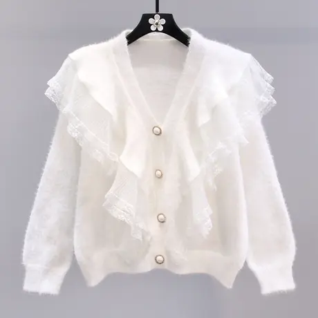 温柔风荷叶边拼接水貂绒毛衣外套女秋冬2023新款宽松外穿针织开衫商品大图