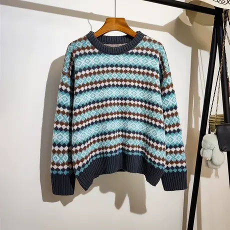 复古条纹毛衣女秋冬新款韩版宽松慵懒遮肉显瘦长袖针织衫上衣外穿商品大图