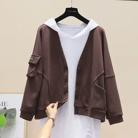 2023春秋新款韩版v领针织棉卫衣女短款宽松百搭大口袋工装外套潮商品大图