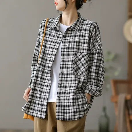 dza 复古格子衬衫女士春秋装新款上衣百搭宽松休闲短外套气质衬衣图片