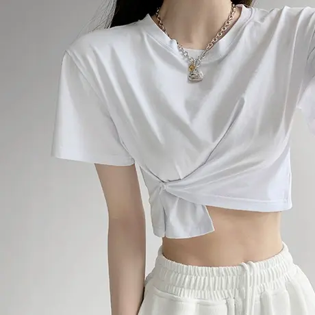 2023年新款夏季薄款正肩t恤女短袖设计感小众不规则短款别致上衣商品大图