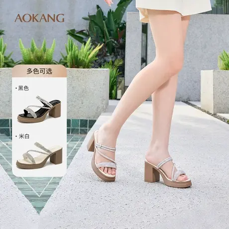奥康女鞋夏季新款简约时尚粗跟女拖鞋水钻细带优雅百搭一字带凉鞋图片